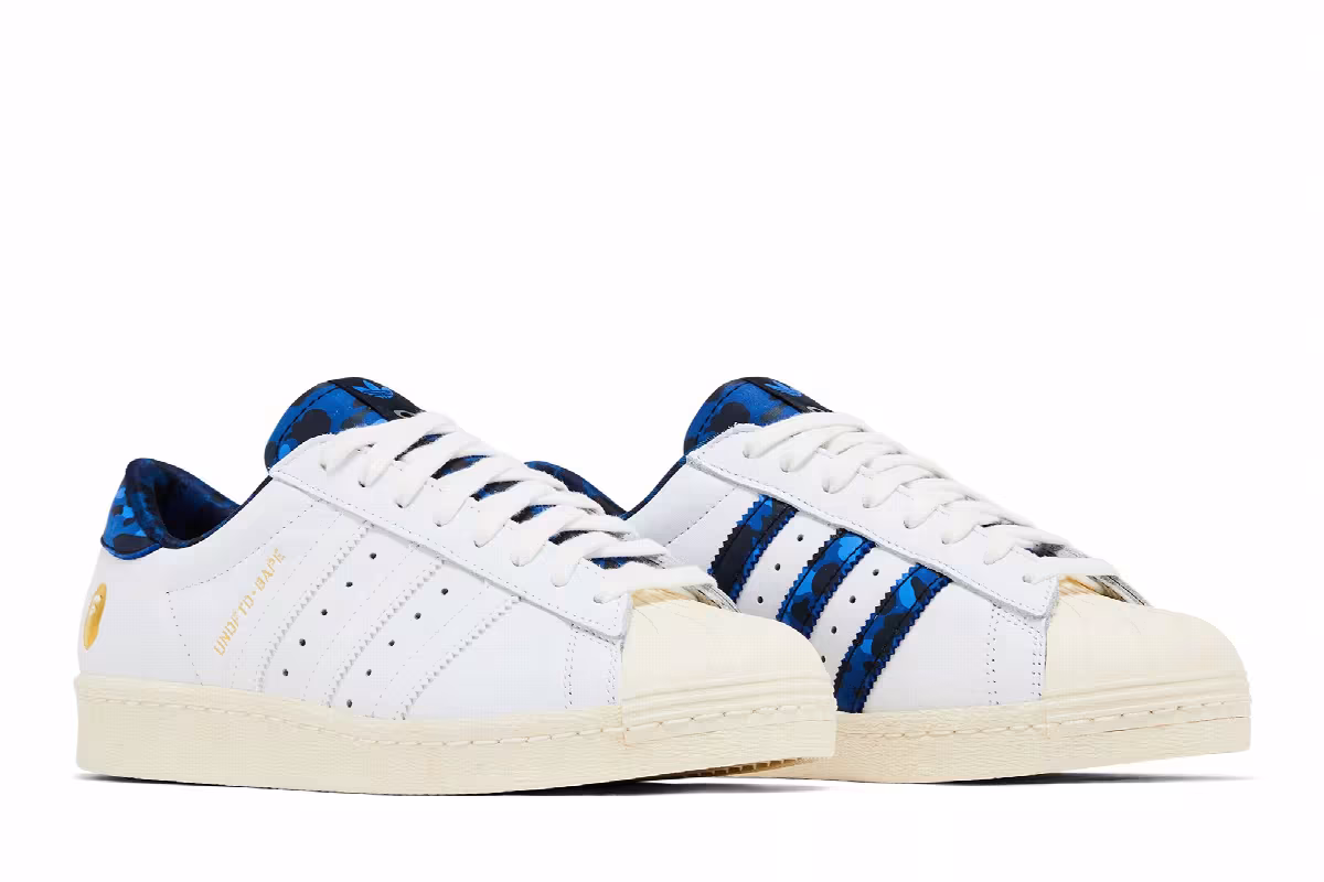 Undefeated x A Bathing Ape x adidas Superstars 80v White Blue, view 9