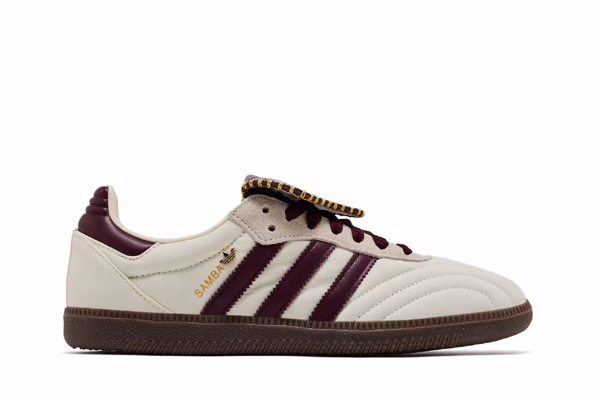 adidas Women's Samba Long Tongue Cream White Maroon Gold Metallic, view 2