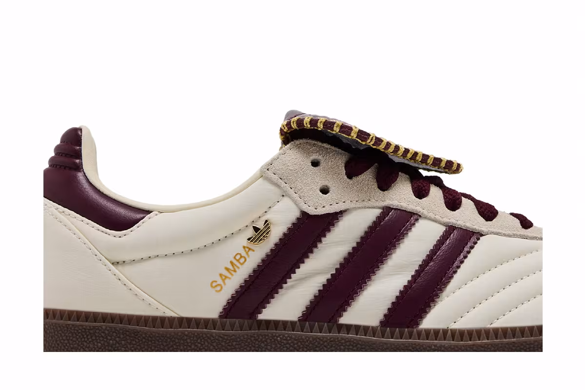 adidas Women's Samba Long Tongue Cream White Maroon Gold Metallic, view 3