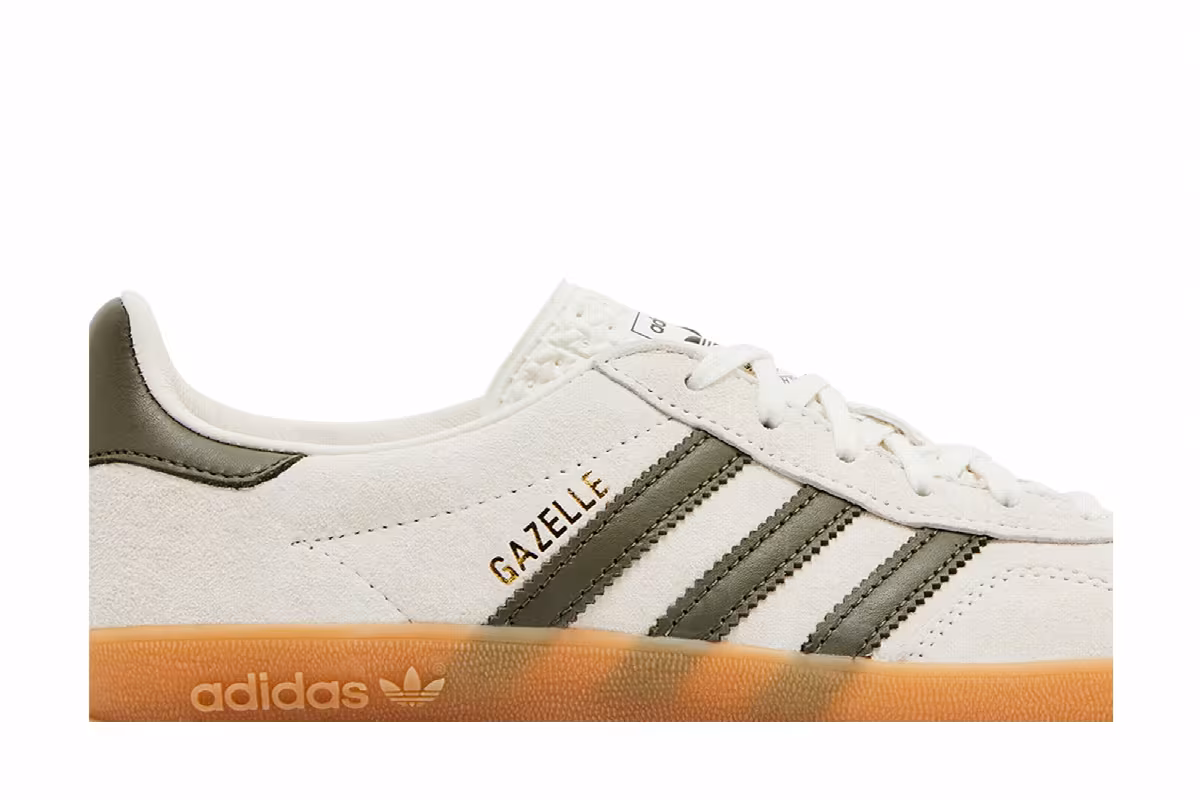 adidas Women's Gazelle Indoor White Olive Strata, view 3