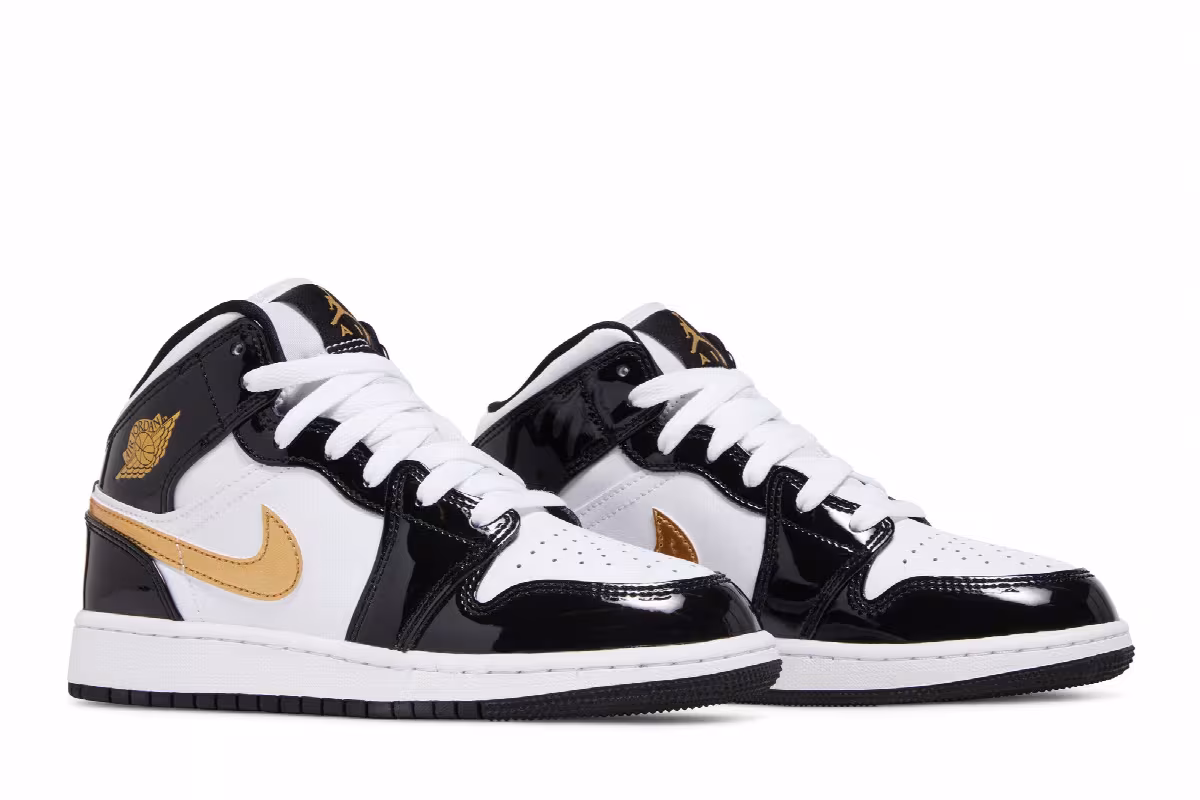Air Jordan 1 Mid Patent SE GS Black Gold, view 9