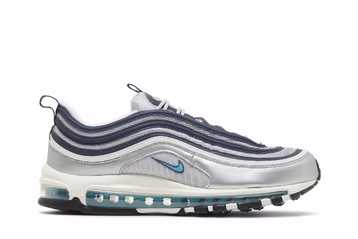 Nike Men's Air Max 97 OG Metallic Silver Chlorine Blue, view 2