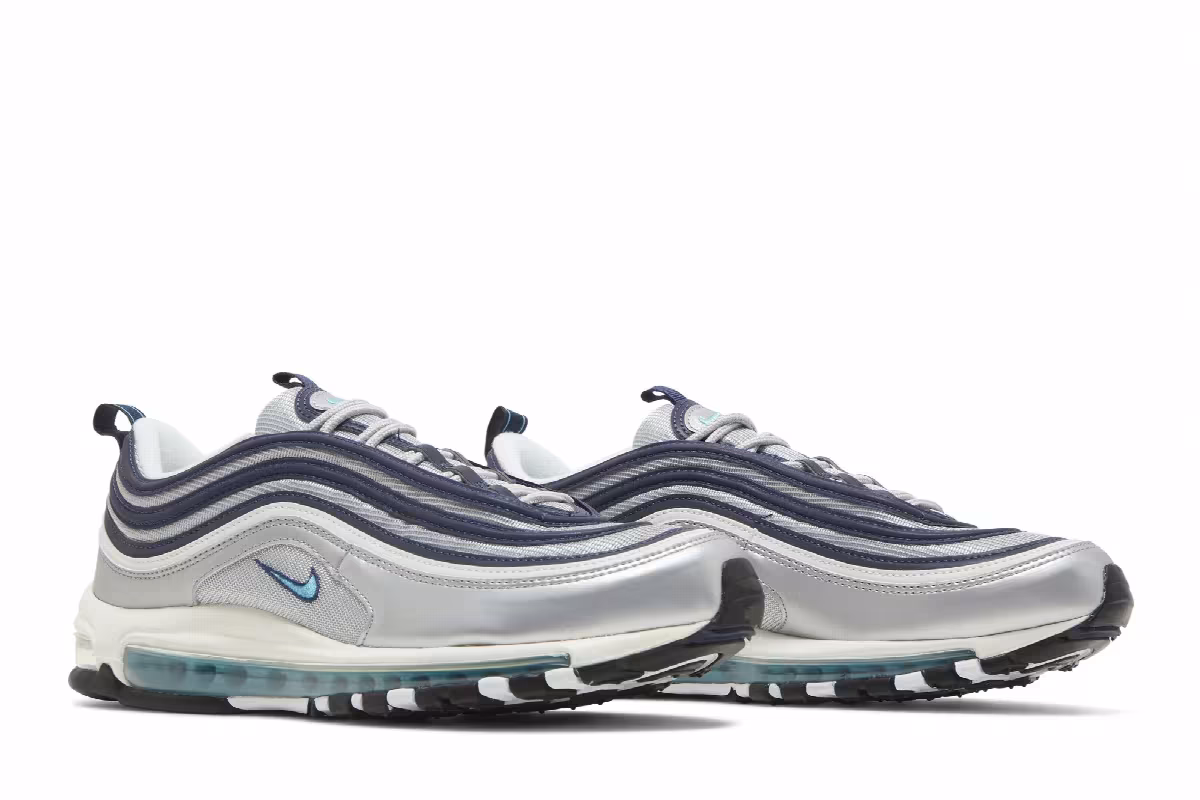 Nike Men's Air Max 97 OG Metallic Silver Chlorine Blue, view 9