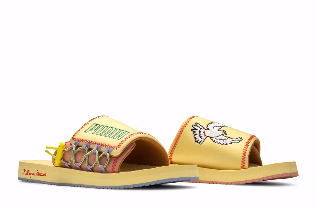 KidSuper Studios x Puma Wilo Slide Yellow Peach Beige, view 9