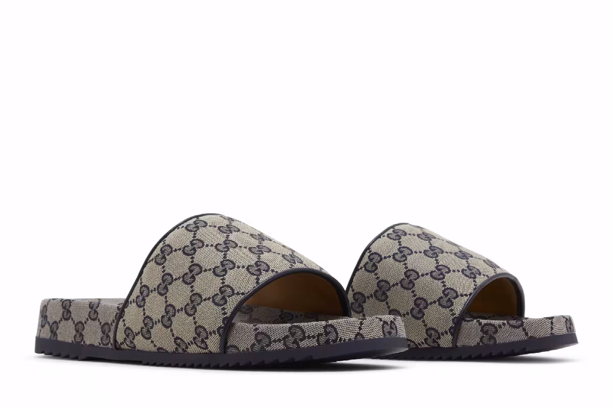 Gucci GG Slide Sandal Beige Blue Monogram, view 9