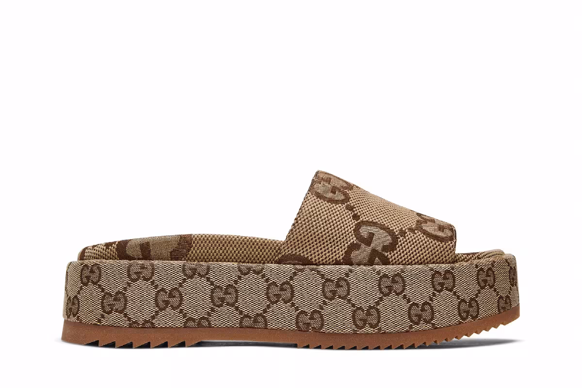 Gucci Women's GG Lame Platform Slide Sandal Camel Monogram, view 2