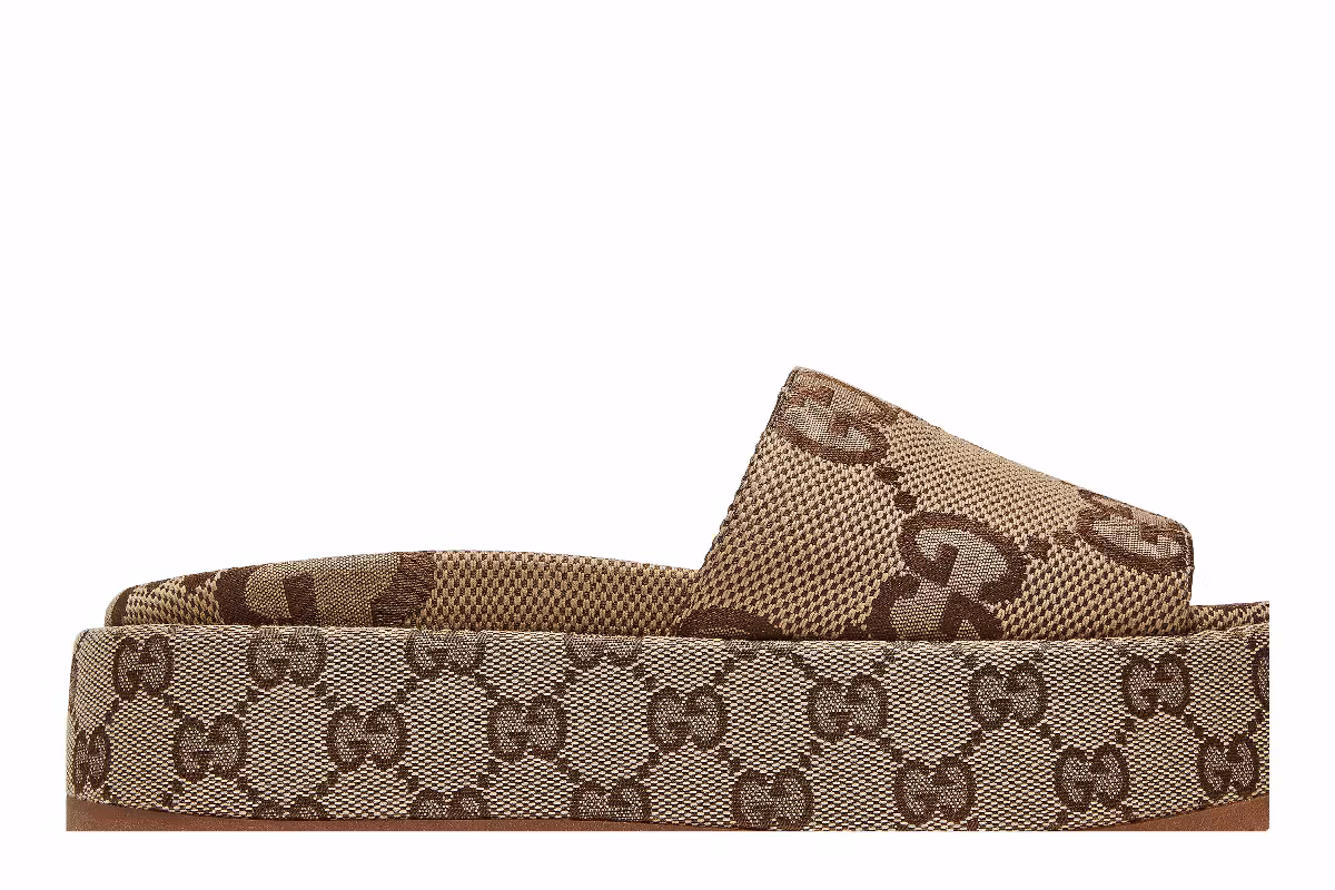 Gucci Women's GG Lame Platform Slide Sandal Camel Monogram, view 3