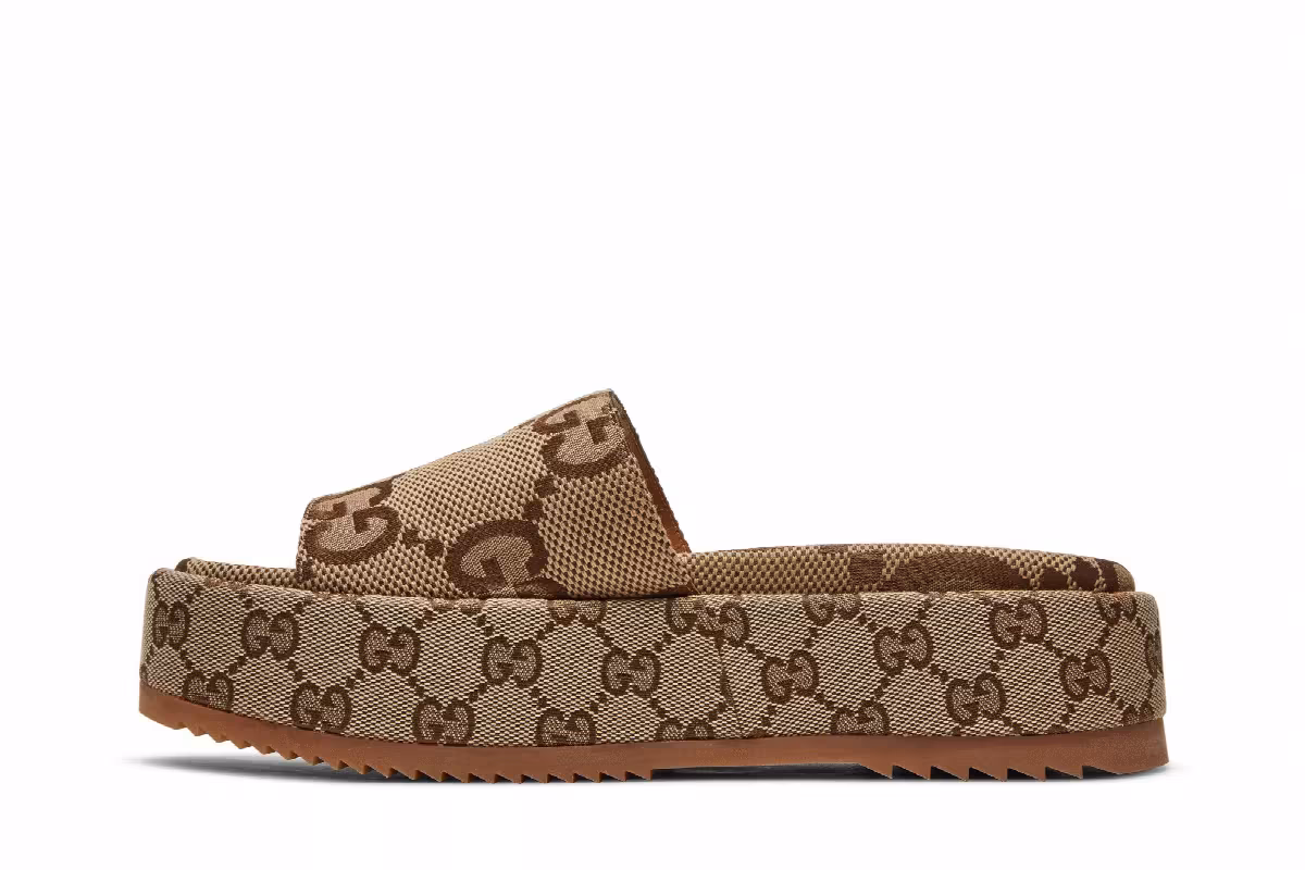 Gucci Women's GG Lame Platform Slide Sandal Camel Monogram, view 4
