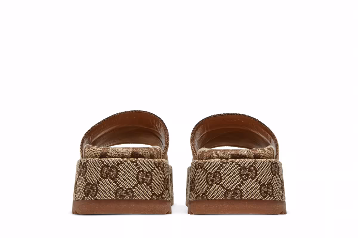 Gucci Women's GG Lame Platform Slide Sandal Camel Monogram, view 7
