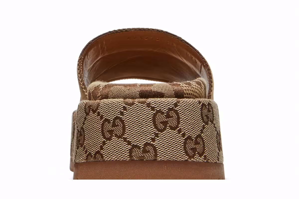 Gucci Women's GG Lame Platform Slide Sandal Camel Monogram, view 8