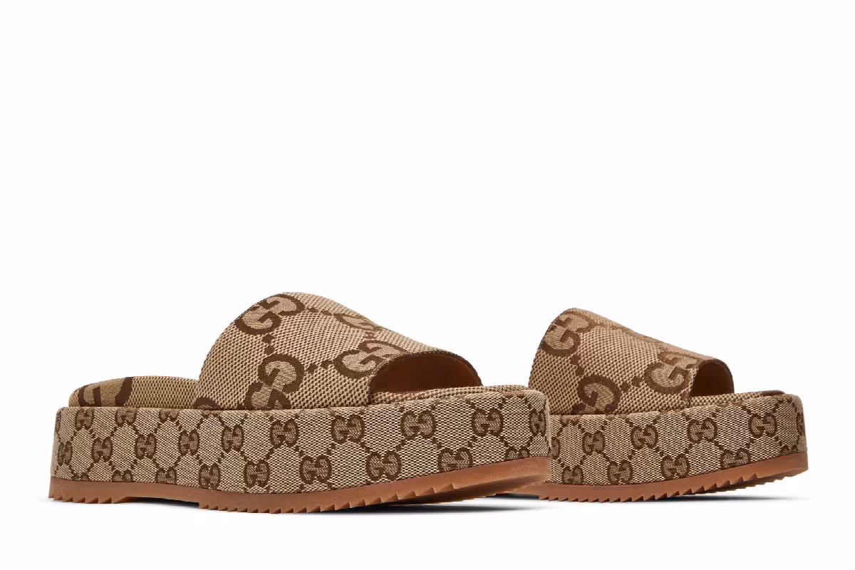 Gucci Women's GG Lame Platform Slide Sandal Camel Monogram, view 9