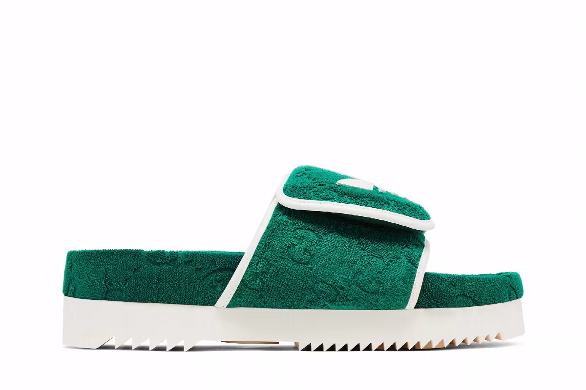 Adidas x Gucci GG Platform Sandal Green Cotton Sponge, view 2