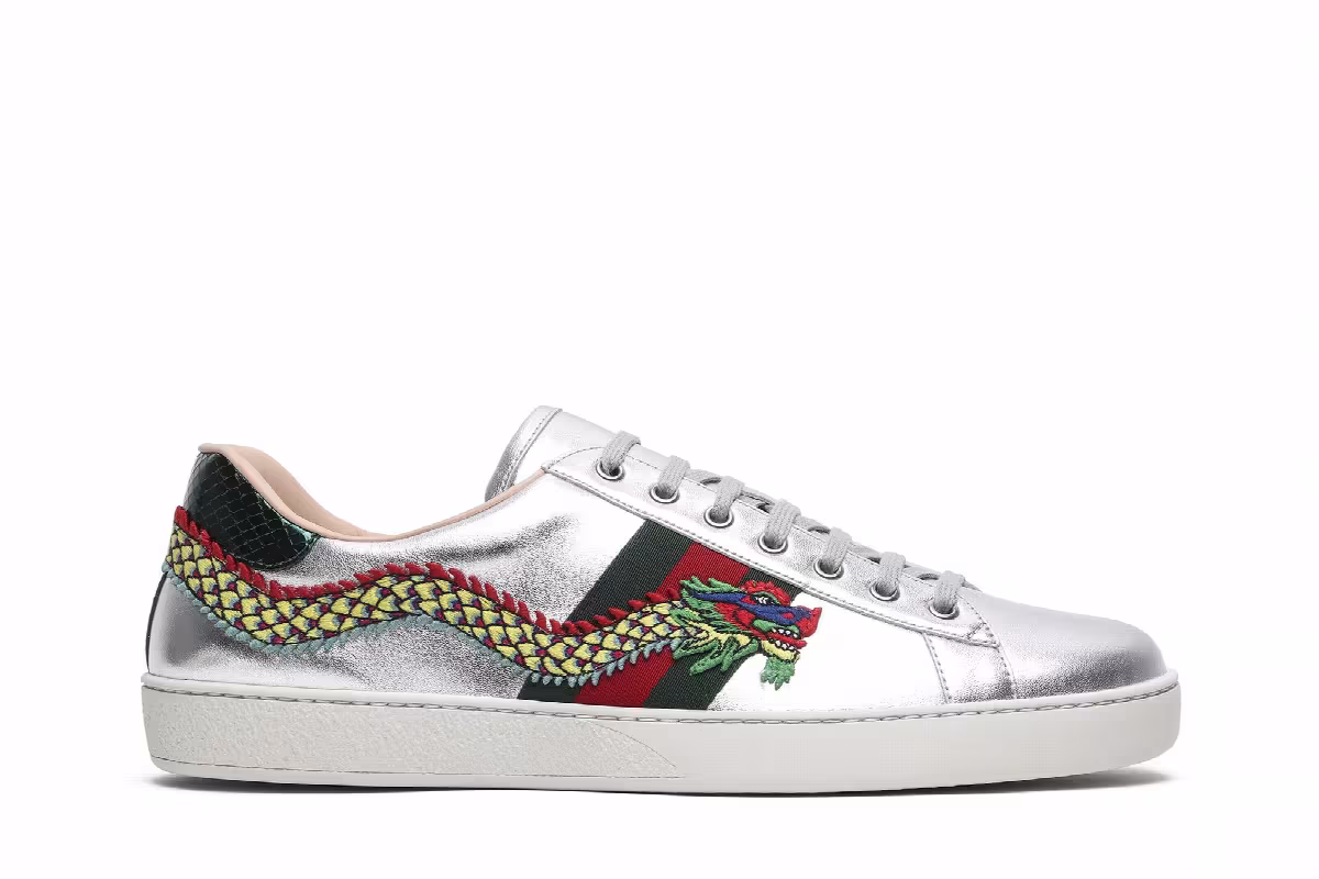 Gucci Ace Embroidered Silver Dragon, view 2