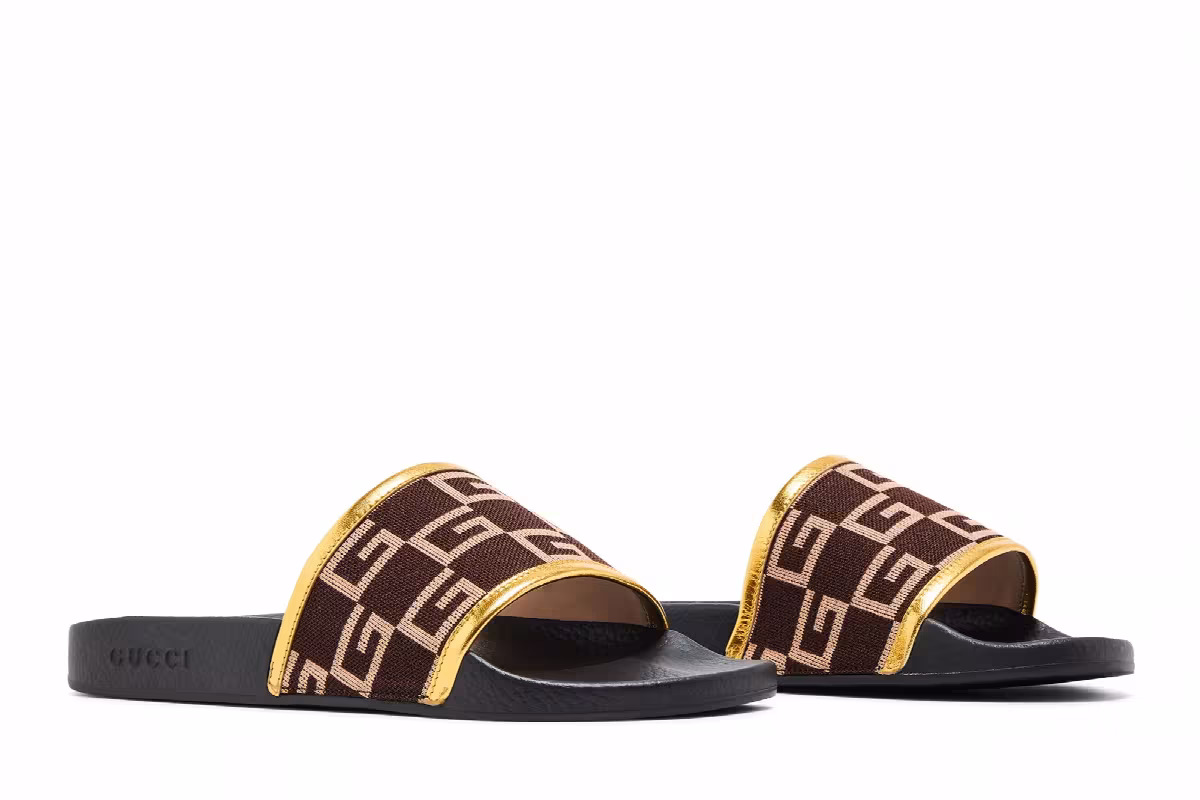 Gucci Pursuit 72 Knit Slide Brown Gold, view 9