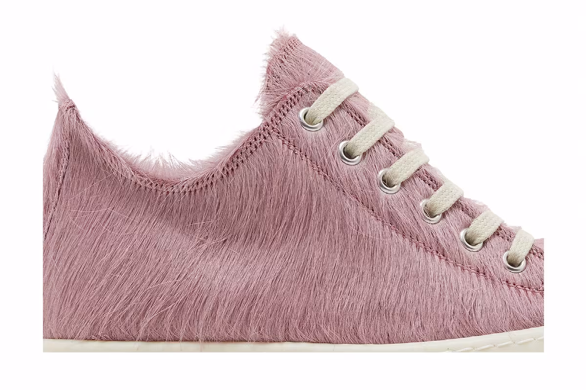 Rick Owens Women's Lido Runway Low Sneaker Dusty Pink Cow Fur, view 3