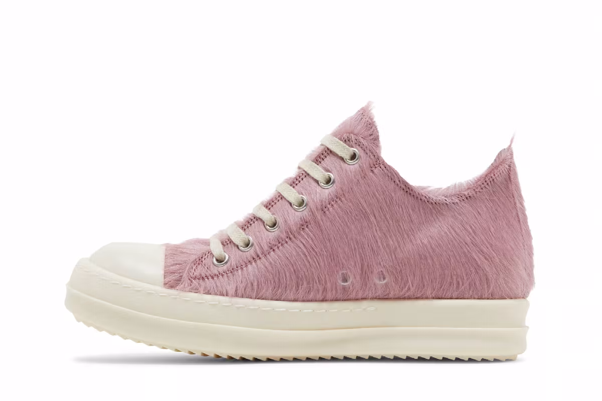 Rick Owens Women's Lido Runway Low Sneaker Dusty Pink Cow Fur, view 4