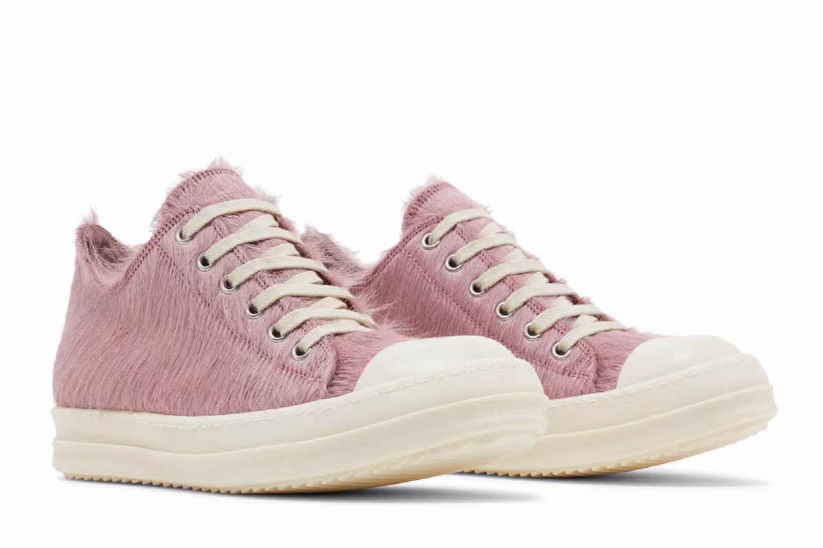 Rick Owens Women's Lido Runway Low Sneaker Dusty Pink Cow Fur, view 9