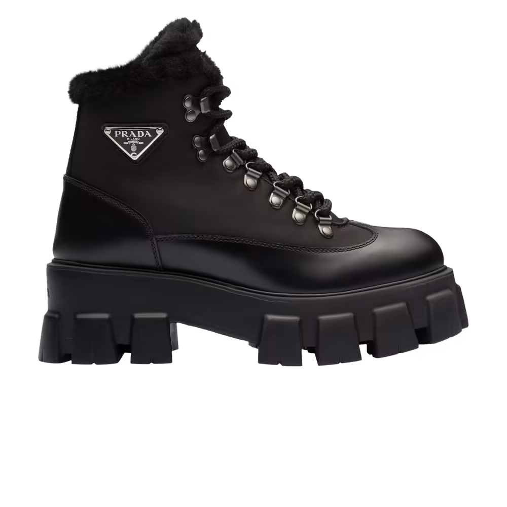 Prada Women's Monolith Brushed Leather and Nylon Boot Black