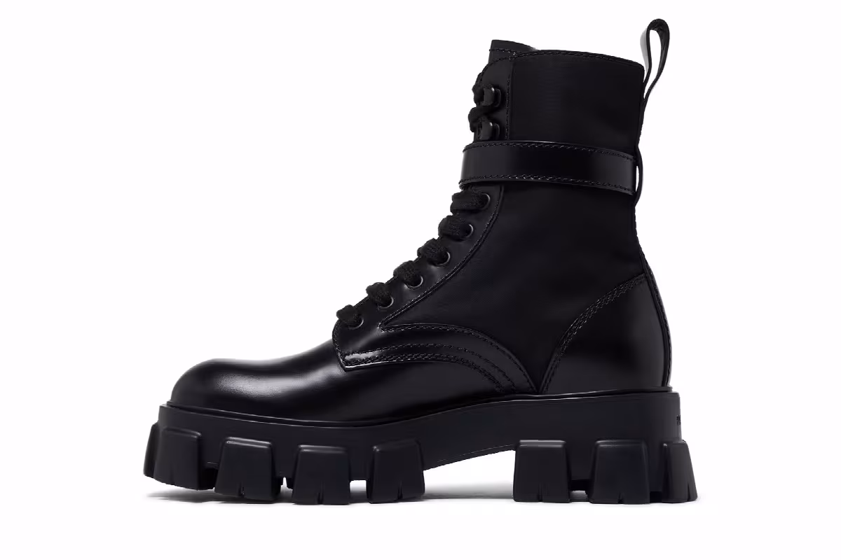 Prada Monolith Brushed Leather and Nylon Boot Black, view 4