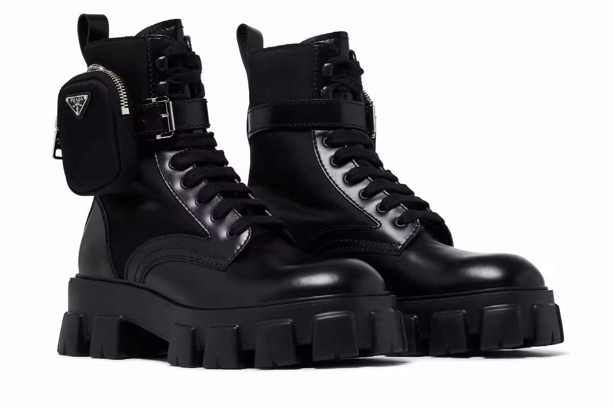 Prada Monolith Brushed Leather and Nylon Boot Black, view 9