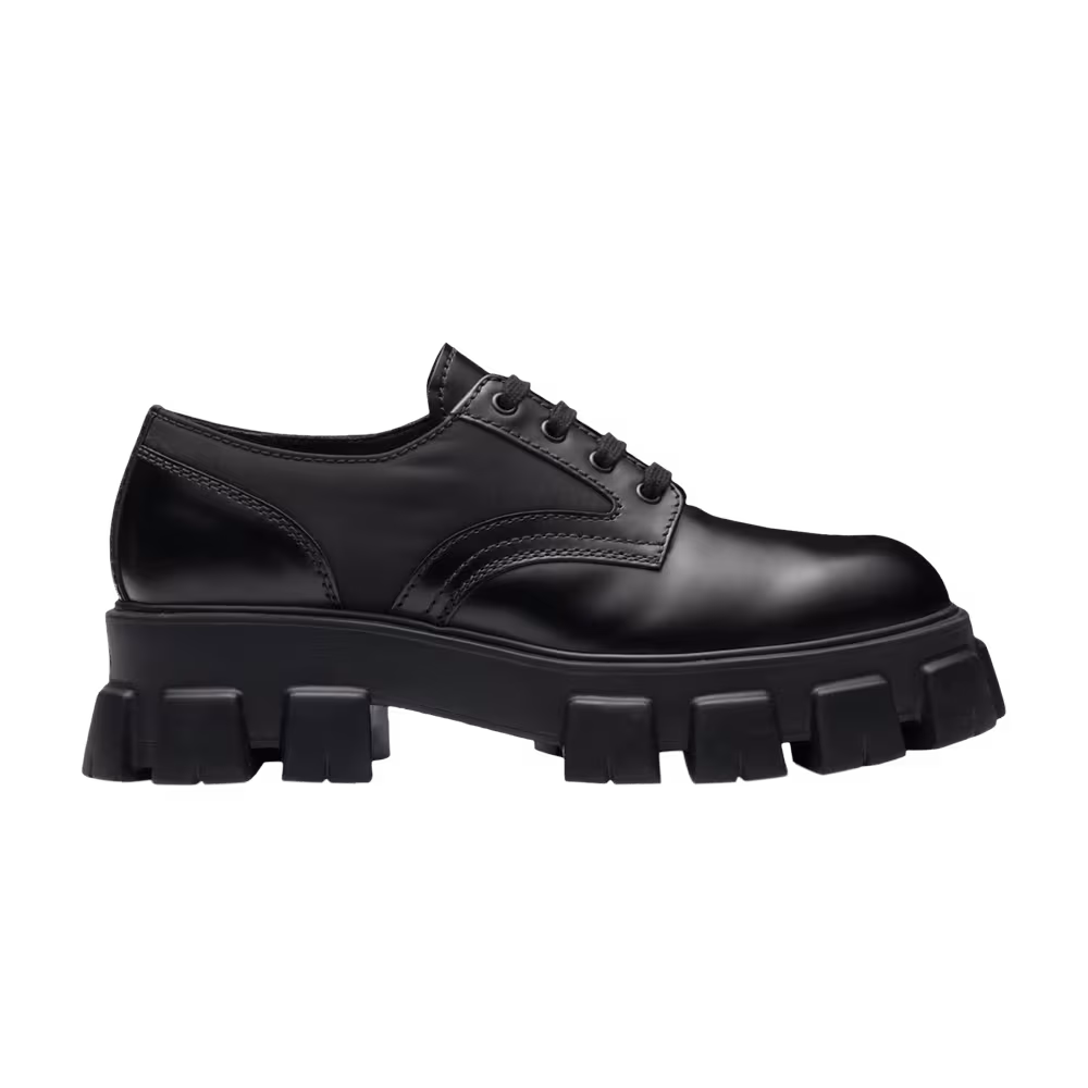 Prada Monolith Brushed Leather and Nylon Lace Up Black