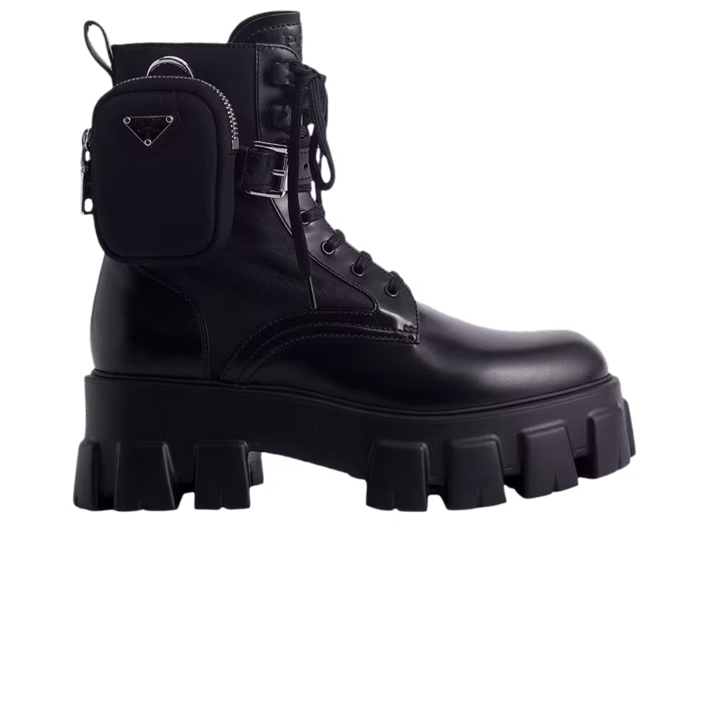 Prada Women's Monolith Brushed Rois Leather and Nylon Boot Black