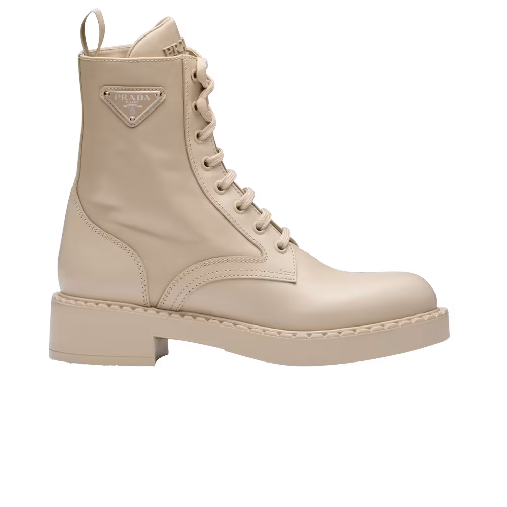 Prada Women's Brushed Leather and Re-Nylon Ankle Boot Desert Beige