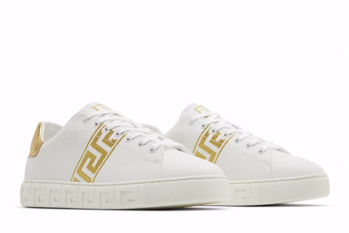 Versace Embroidered Greca Sneaker White Gold, view 9