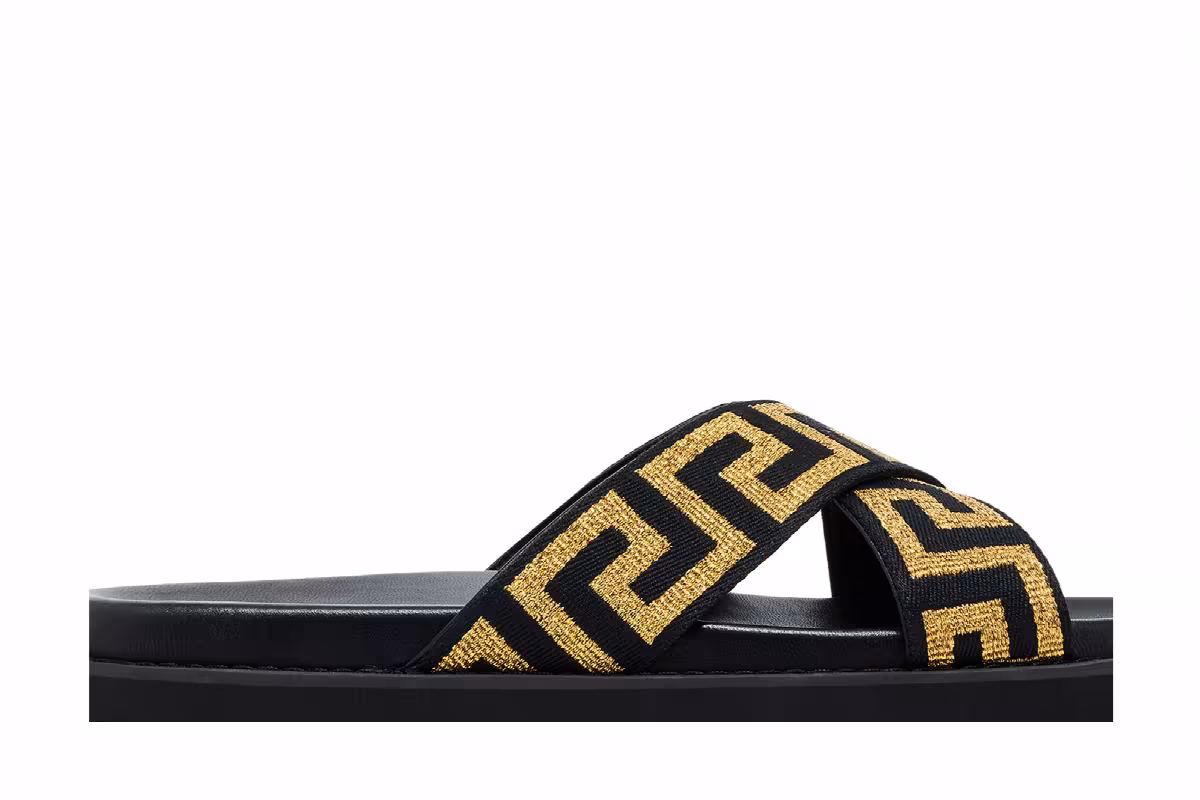 Versace Jacquard Nappa Sandal Black Gold, view 3