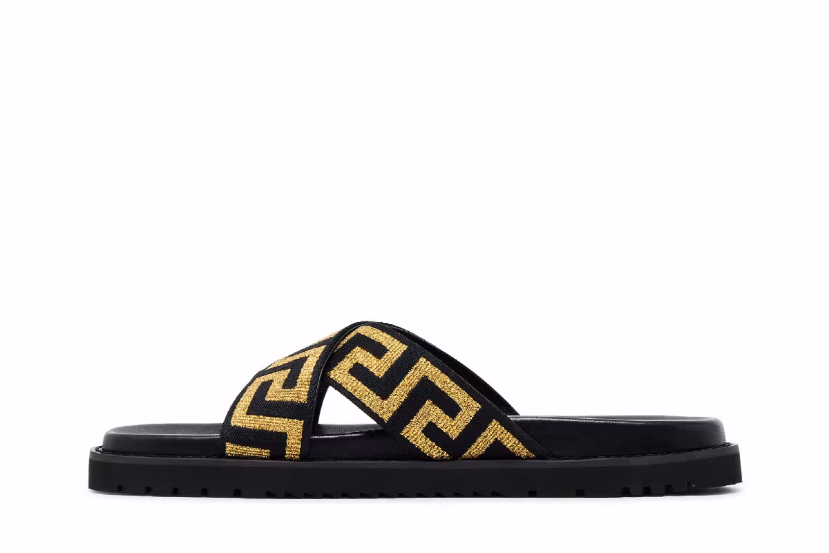 Versace Jacquard Nappa Sandal Black Gold, view 4