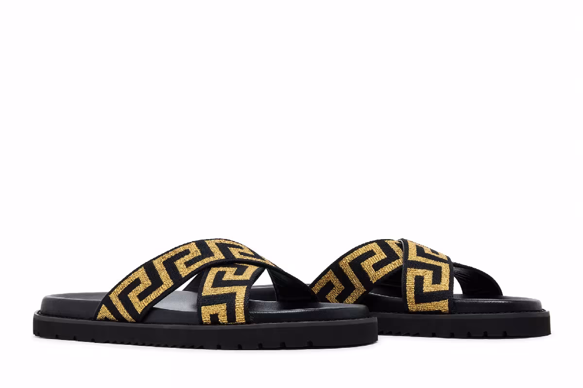 Versace Jacquard Nappa Sandal Black Gold, view 9