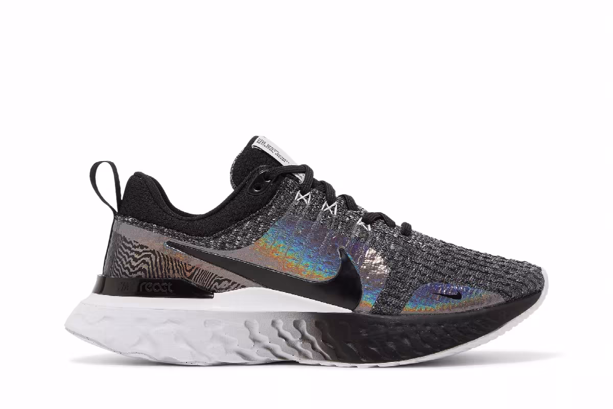 Nike Women's React Infinity Run Flyknit 3 Premium Black Zebra Iridescent, view 2