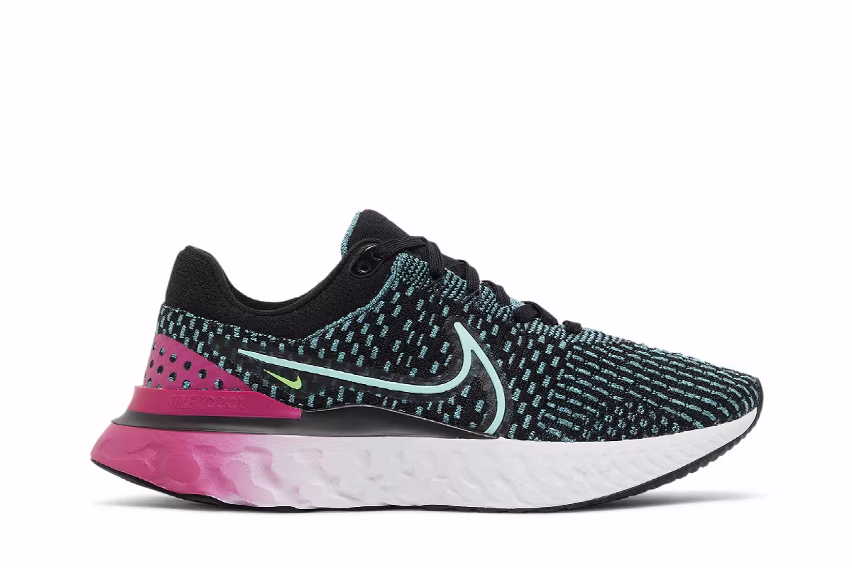 Nike Women's React Infinity Run Flyknit 3 Black Pink Prime Dynamic Turquoise, view 2
