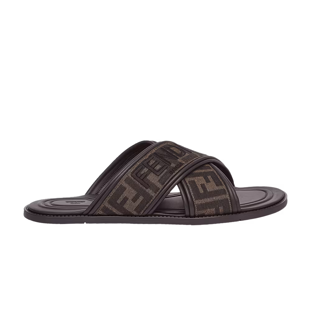 Fendi FF Motif Fabric Slide Embroidered Logo - Tobacco
