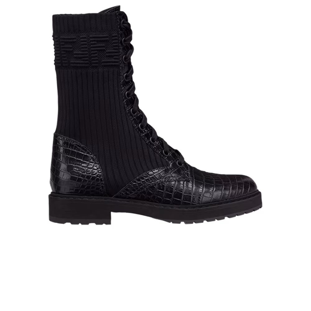 Fendi Women's FF Rockoko Biker Boot Black Croc