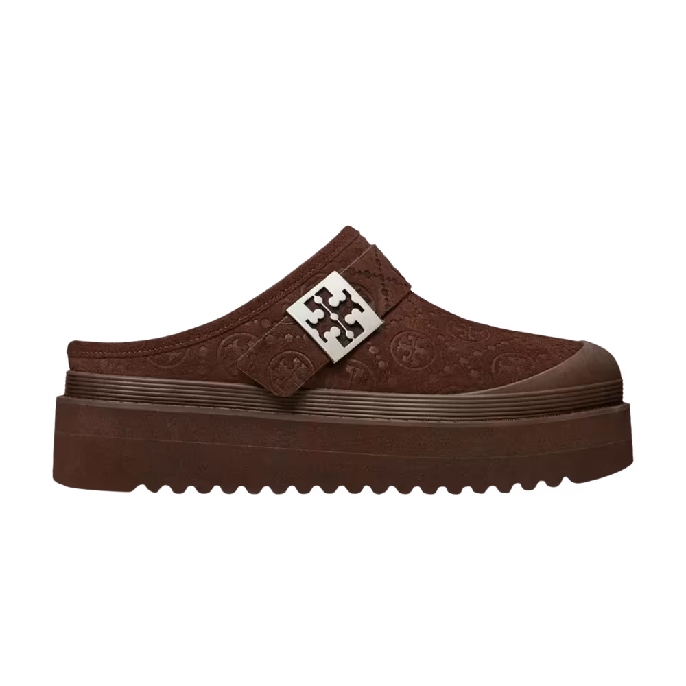 Tory Burch Women's Mellow Shearling Platform Mule Dark Cocoa Tmono Silver