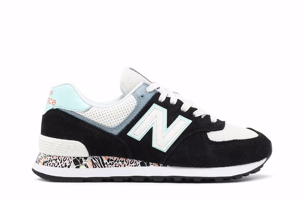 New Balance Women's 574 Black White Mint, view 2