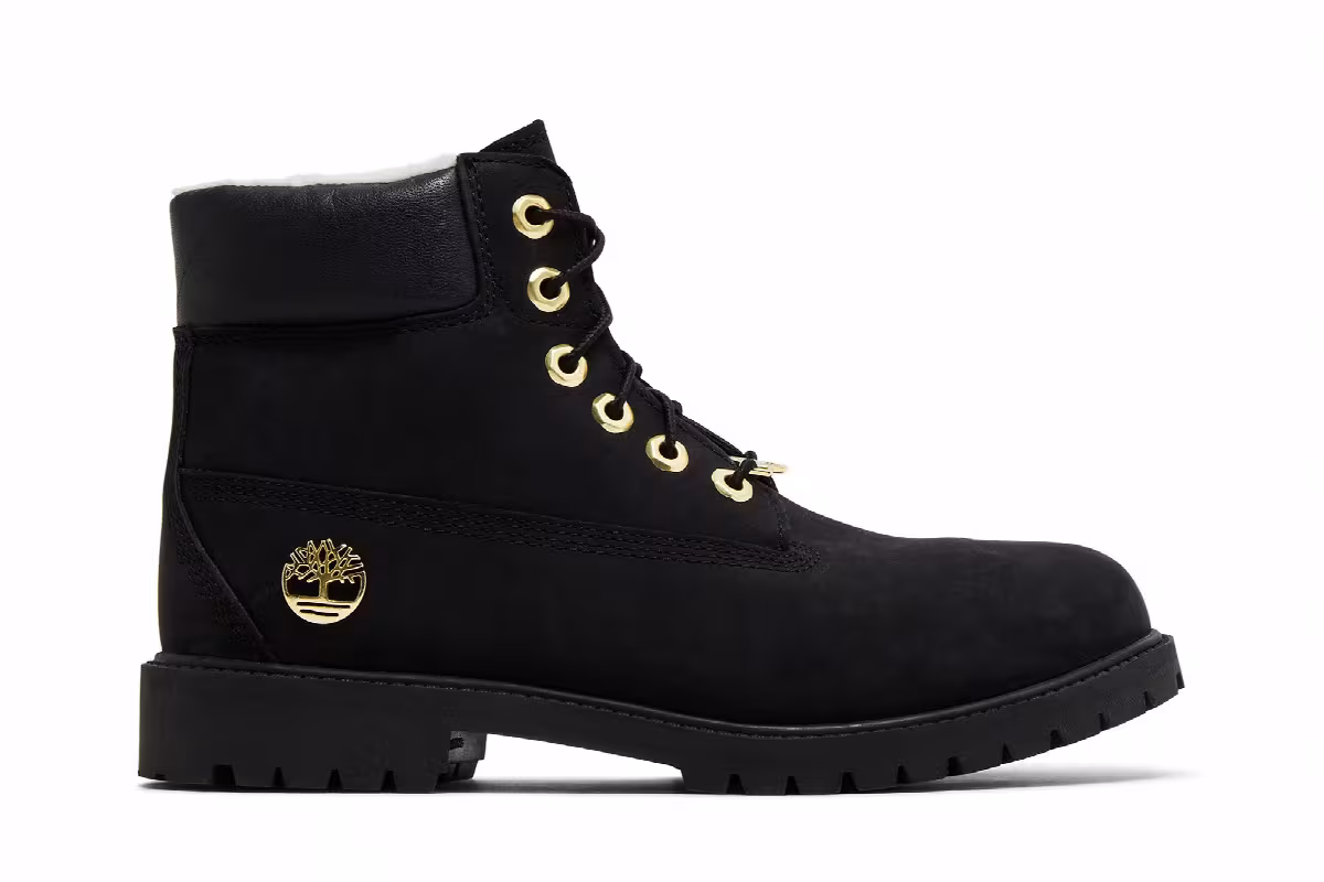Timberland 6 Inch Premium Shearling Waterproof Boot Junior Black Gold, view 2