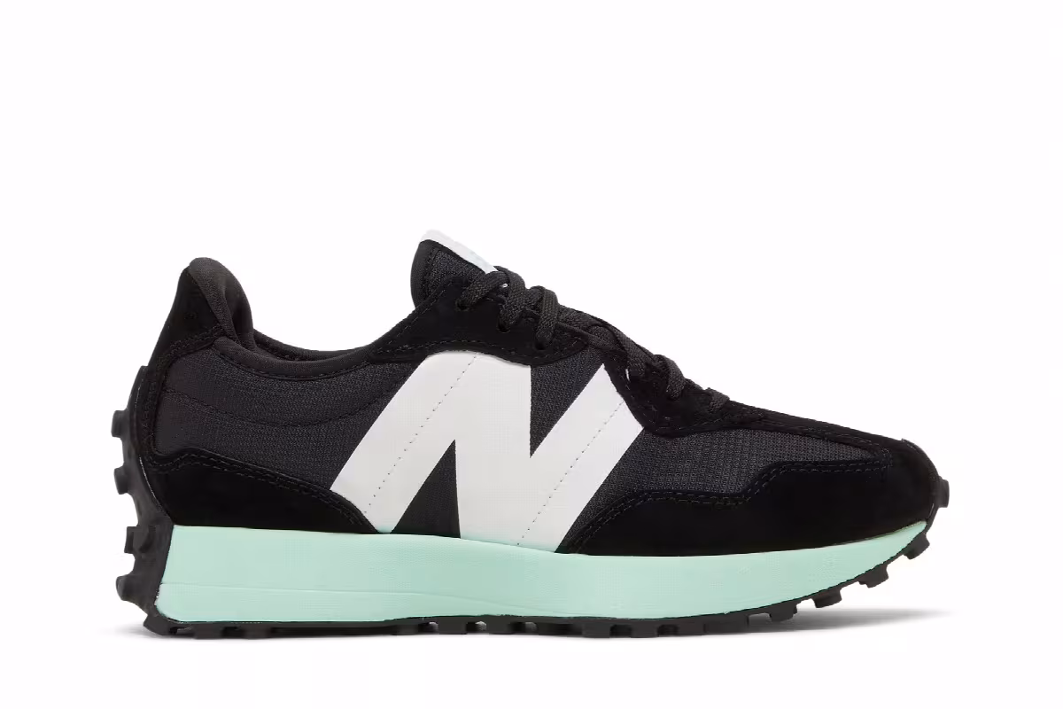 New Balance Women's 327 Black Bright Mint, view 2