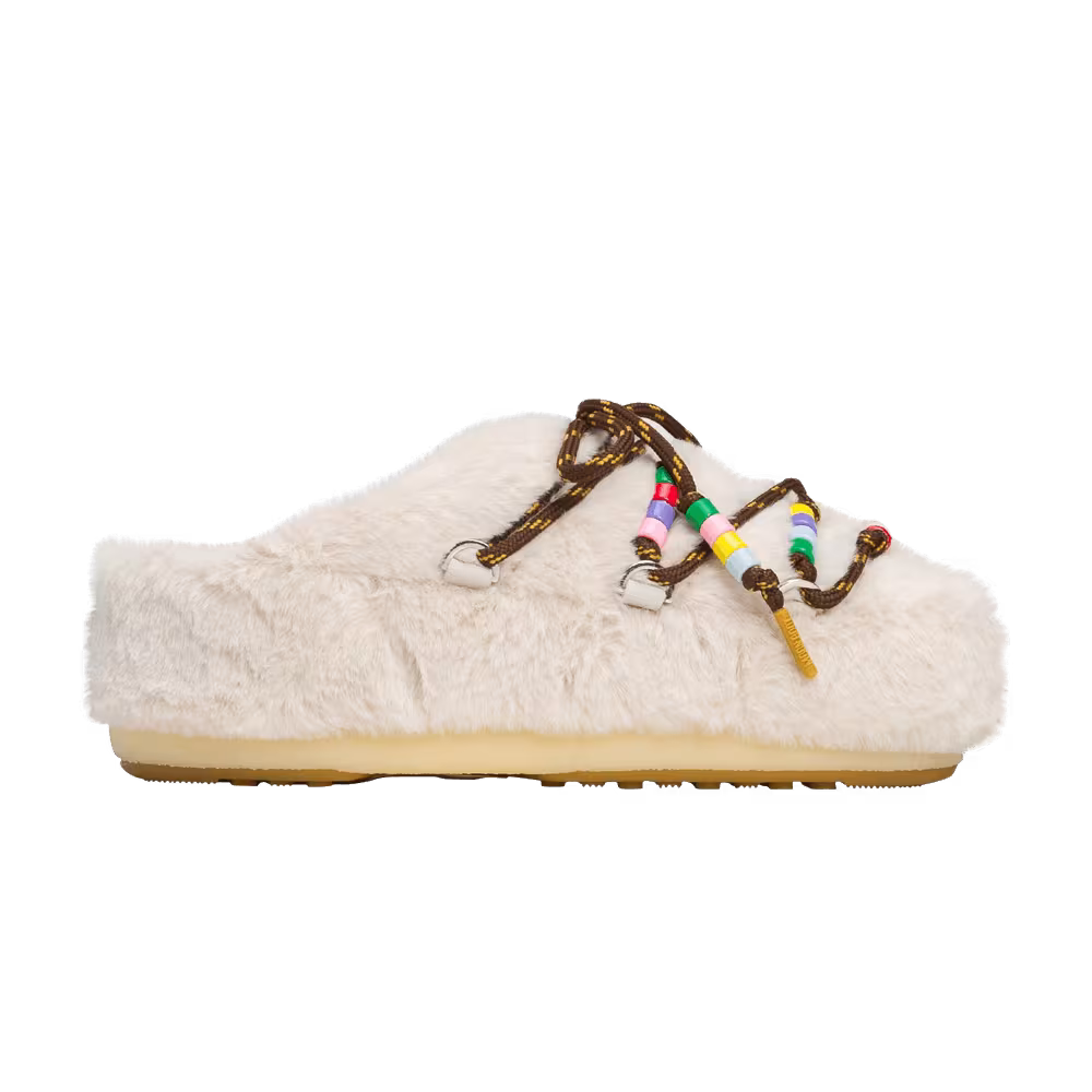 Moon Boot Mule Faux Fur White Beads