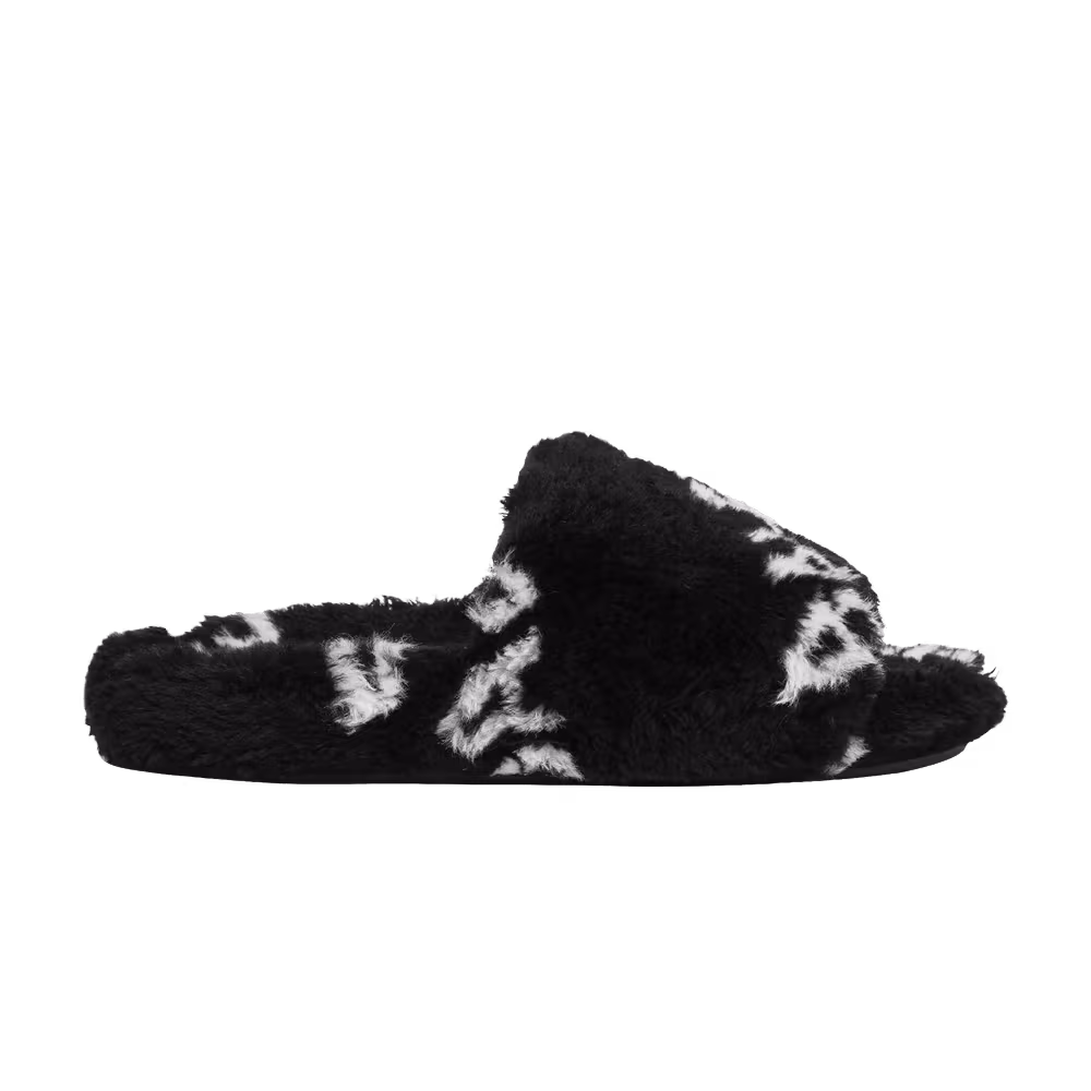 Balenciaga Women's Furry Slides Allover Logo - Black