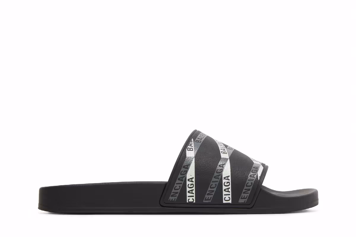 Balenciaga Monogram Pool Slides Logo Print - Black Grey, view 2