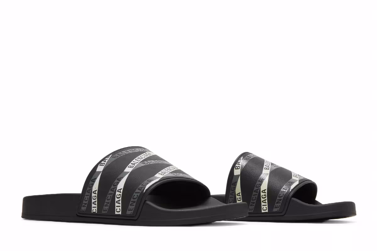 Balenciaga Monogram Pool Slides Logo Print - Black Grey, view 9