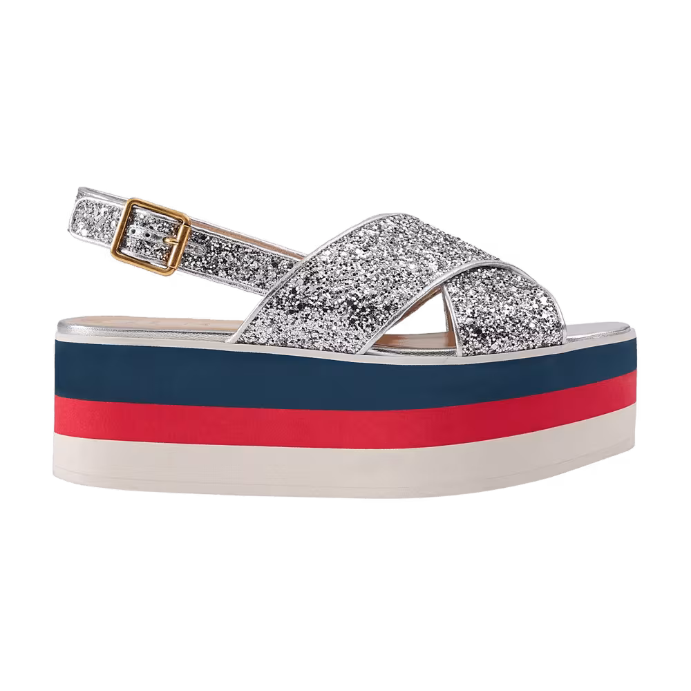 Gucci Women's Crossover Platform Sandal Silver Glitter