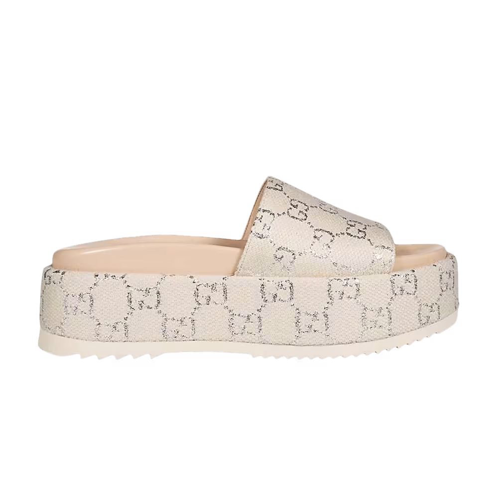 Gucci Women's GG Lame Flatform Slide Sandal Beige