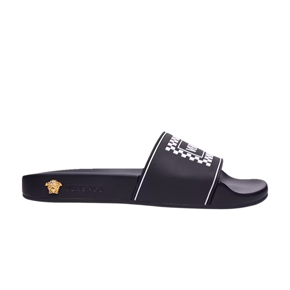 Versace Women's Logo Pool Slide Black Checkerboard