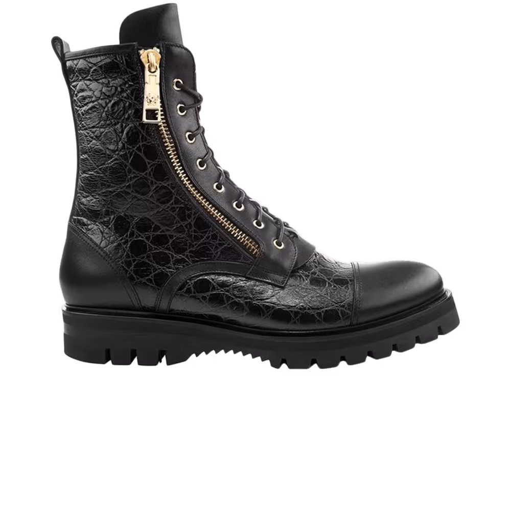 Versace Stamped Croc Army Boot Black Gold
