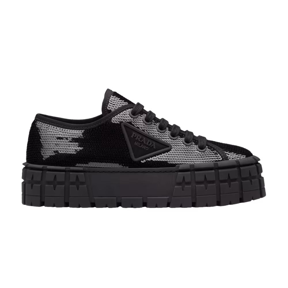Prada Women's Gabardine Double Wheel Platform Black Sequins