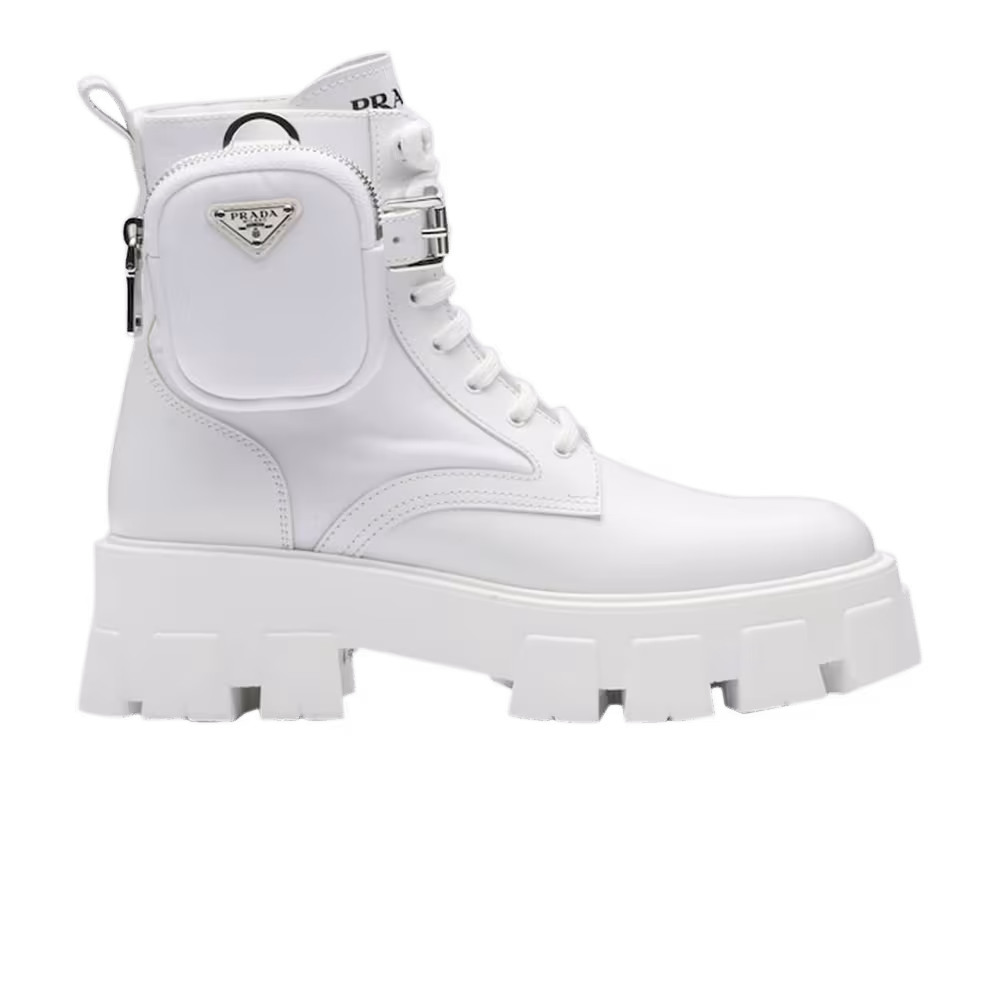 Prada Women's Monolith Leather and Re-Nylon Boot White