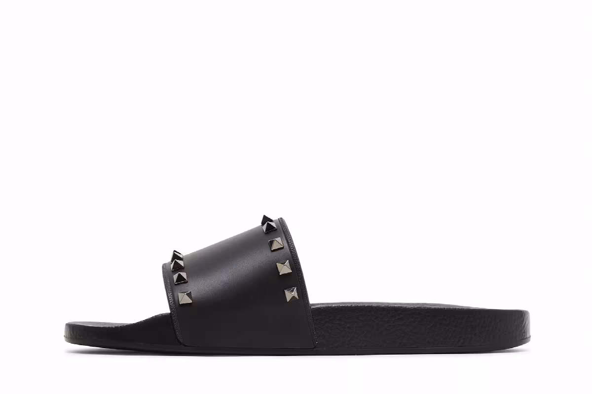 Valentino Rockstud Rubber Slider Sandal Black, view 4